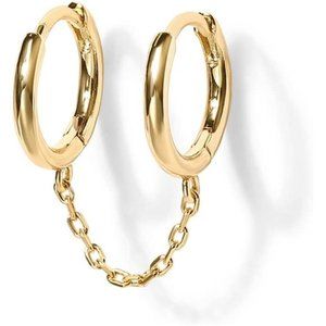 14K Gold Chain Earrings Womens Double Piercing Dangle Chain Huggie Hoop Earrings
